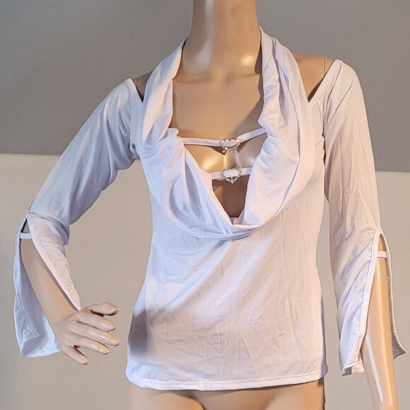 Sexy Women White Blouse Stretch Small Dressy With Rhinestone Heart Accent 25064 - Picture 1 of 6